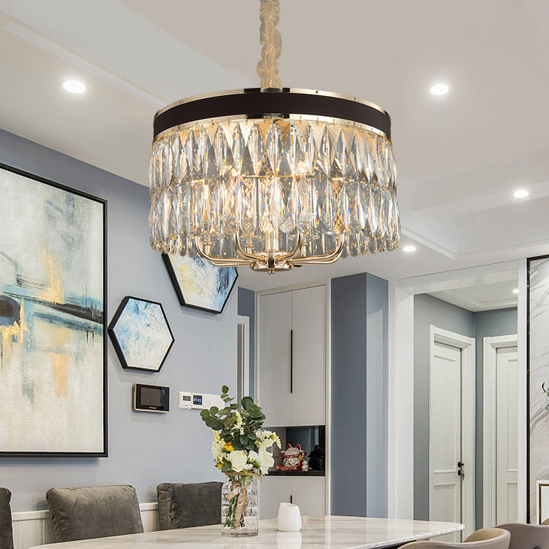 Modern Drum Chandelier with Faceted Crystal, 8 Bulbs, Pendant Light in Black-Gold Finish