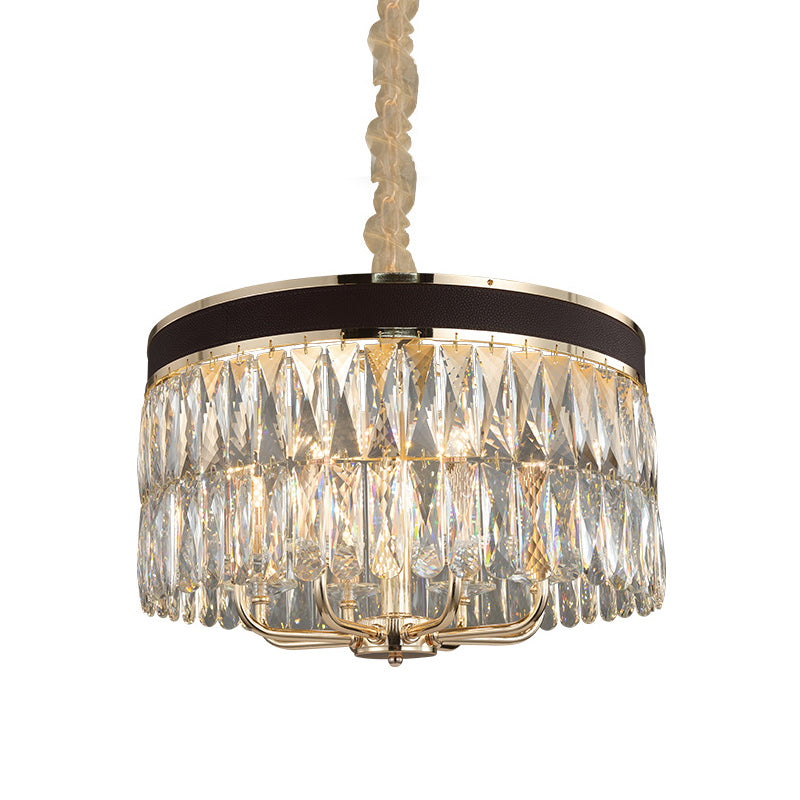 Modern Drum Chandelier with Faceted Crystal, 8 Bulbs, Pendant Light in Black-Gold Finish