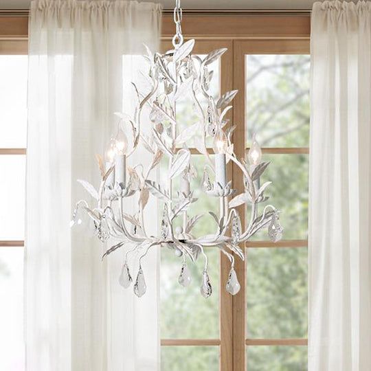Modern Metal Leaf Chandelier Lamp With Crystal Drop - 5 Bulbs Grey/Distressed White Suspended
