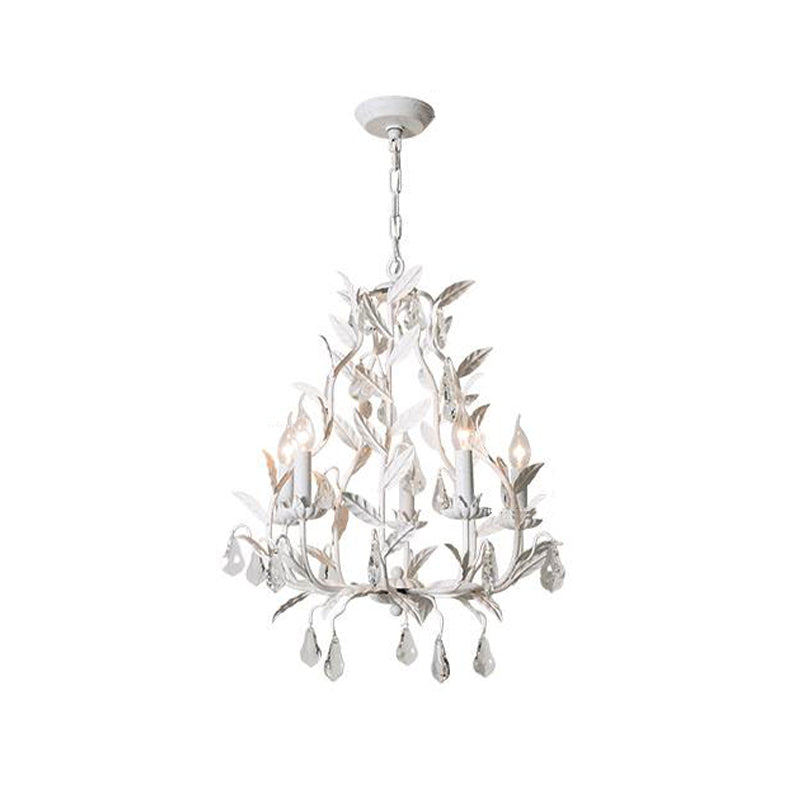 Modern Metal Leaf Chandelier with Crystal Drop - 5 Bulb Lighting Fixture in Grey/Distressed White