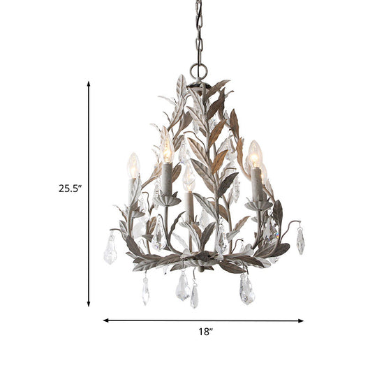 Modern Metal Leaf Chandelier Lamp With Crystal Drop - 5 Bulbs Grey/Distressed White Suspended