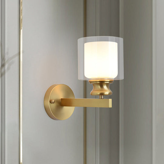 Contemporary Brass Wall Mounted Light Fixture For Living Room - Armed Sconce With Metal Frame & 1