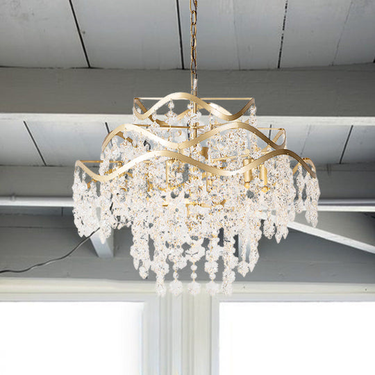 Modern Clear Crystal Ceiling Chandelier With Waterfall Design - 4 Heads Brass Hanging Light Fixture