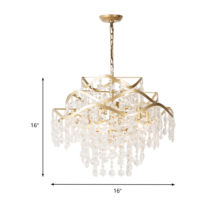 Modern Clear Crystal Ceiling Chandelier With Waterfall Design - 4 Heads Brass Hanging Light Fixture