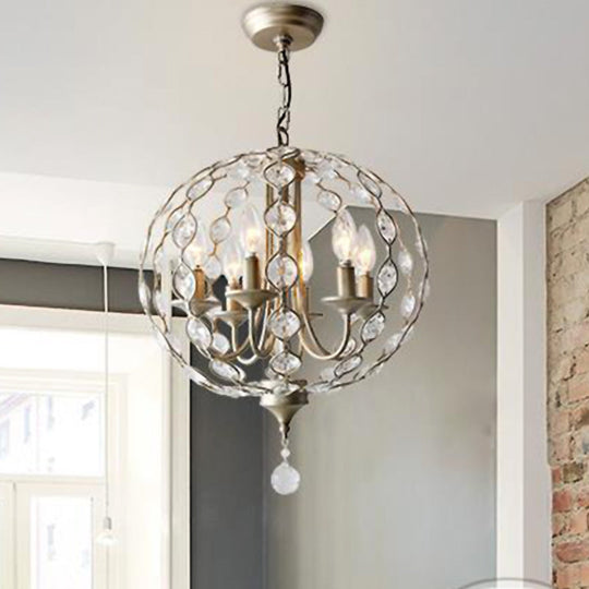 Traditional Aged Silver Chandelier With 6 Crystal Pendant Lights & Adjustable Metal Chain