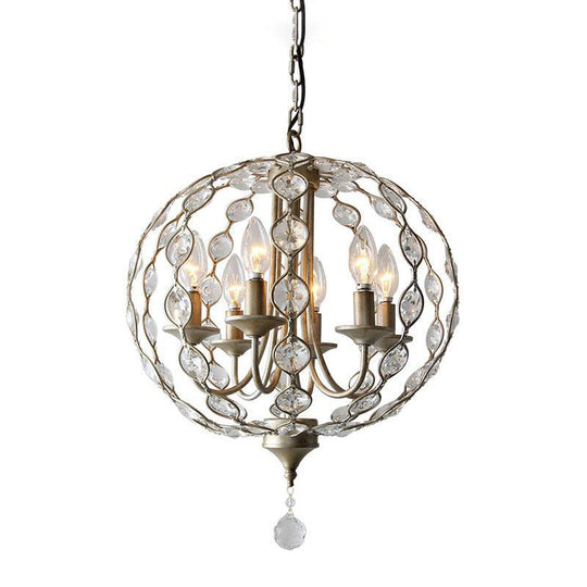 Traditional Aged Silver Chandelier With 6 Crystal Pendant Lights & Adjustable Metal Chain