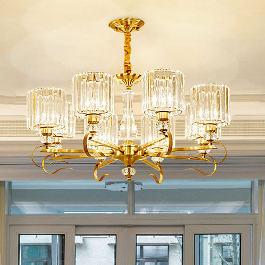 Contemporary Cylinder Chandelier With Crystal Facets - Brass Pendant Ceiling Light / 33.5