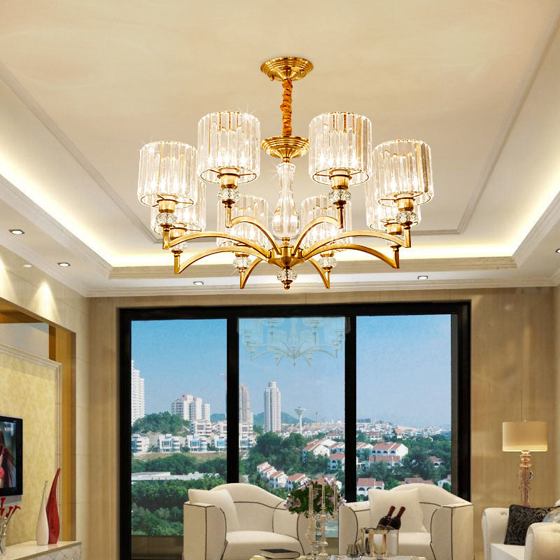Contemporary Faceted Crystal Cylinder Chandelier - Brass Ceiling Pendant Light with 3/6/8 Bulbs - 23.5"/27"/33.5" Wide