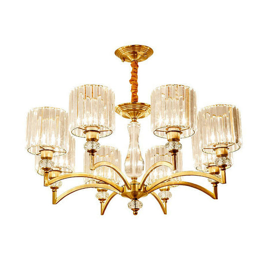 Contemporary Cylinder Chandelier With Crystal Facets - Brass Pendant Ceiling Light