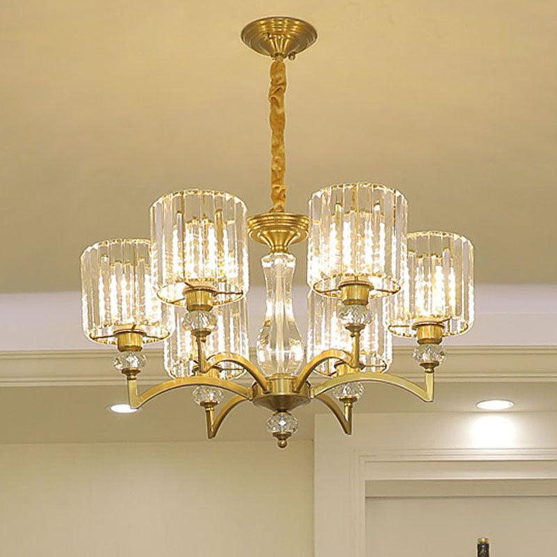 Contemporary Cylinder Chandelier With Crystal Facets - Brass Pendant Ceiling Light / 27