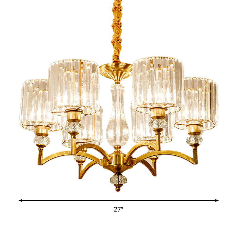 Contemporary Faceted Crystal Cylinder Chandelier - Brass Ceiling Pendant Light with 3/6/8 Bulbs - 23.5"/27"/33.5" Wide