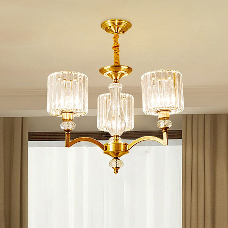Contemporary Cylinder Chandelier With Crystal Facets - Brass Pendant Ceiling Light / 23.5