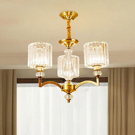 Contemporary Cylinder Chandelier With Crystal Facets - Brass Pendant Ceiling Light / 23.5