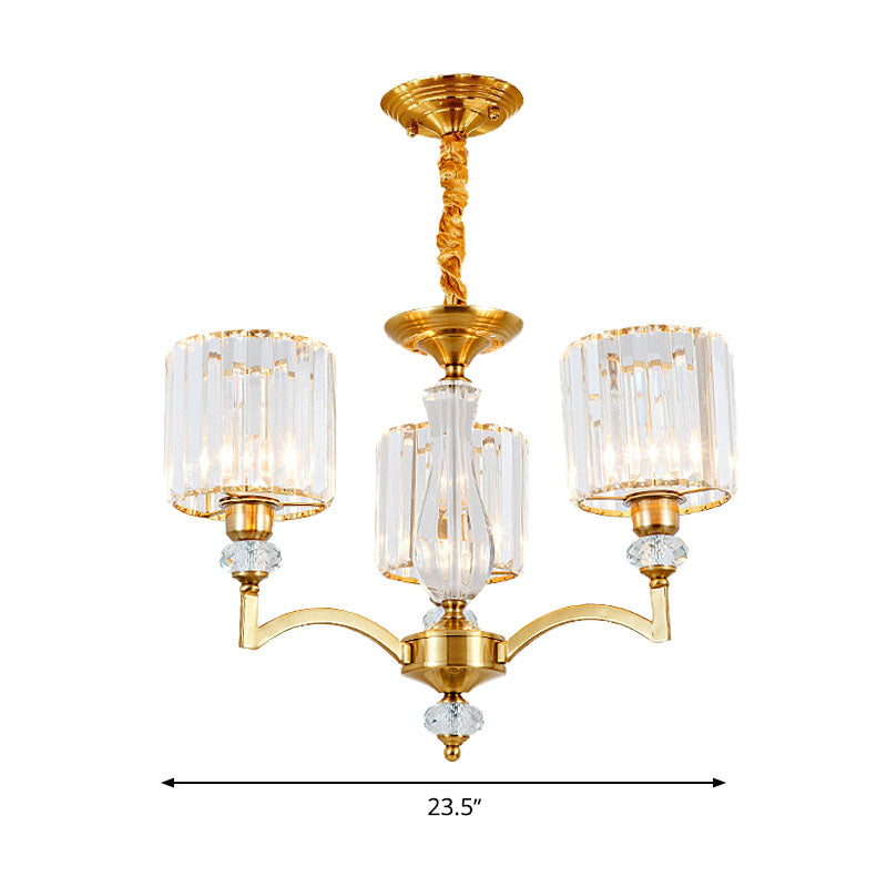 Contemporary Cylinder Chandelier With Crystal Facets - Brass Pendant Ceiling Light