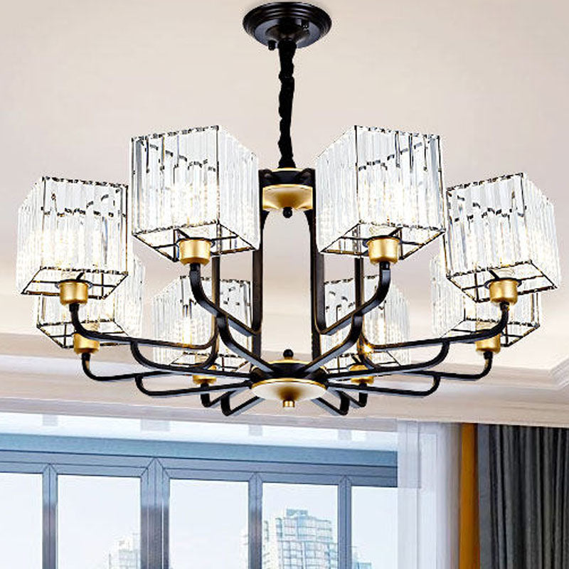 Modern Crystal Chandelier - Square Pendant With 4/6/8 Bulbs Black Hanging Light Fixture