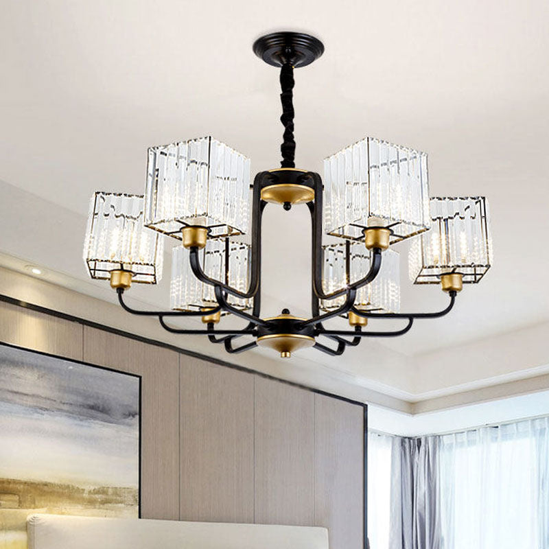 Modern Crystal Chandelier - Square Pendant With 4/6/8 Bulbs Black Hanging Light Fixture / 34
