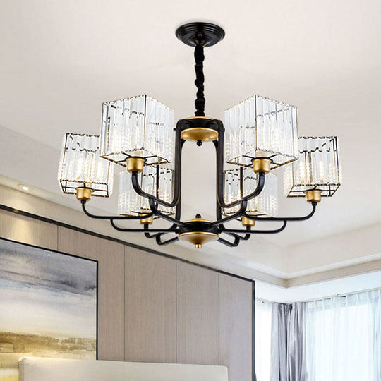 Modern Crystal Chandelier - Square Pendant With 4/6/8 Bulbs Black Hanging Light Fixture / 34