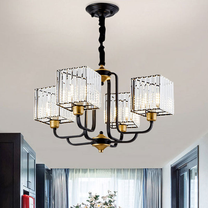 Modern Crystal Chandelier - Square Pendant With 4/6/8 Bulbs Black Hanging Light Fixture / 26