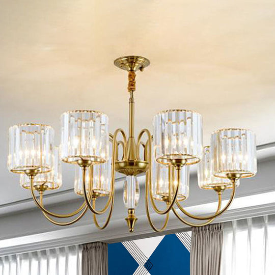 Contemporary Crystal Cylinder Ceiling Chandelier With Brass Pendant - 3/5/6 Heads