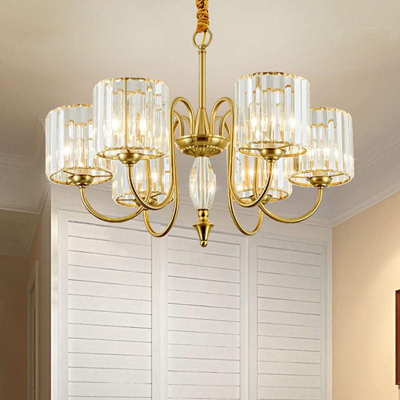 Contemporary Crystal Cylinder Ceiling Chandelier With Brass Pendant - 3/5/6 Heads 6 /