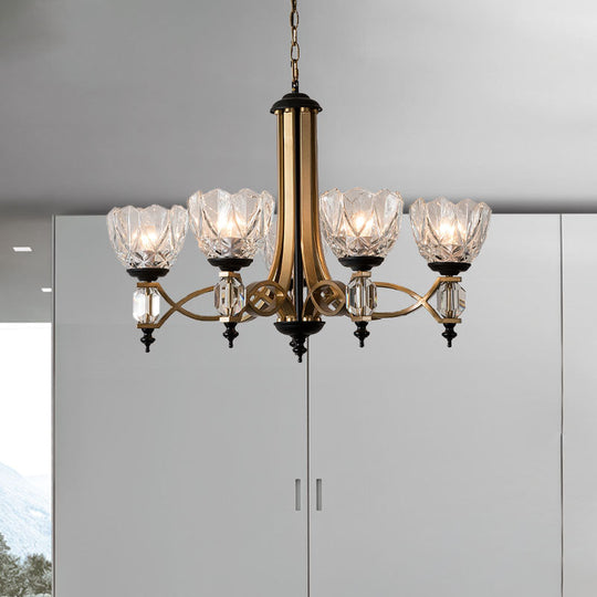 Brass Dome Pendant Light Fixture with Clear Glass Shade - Modern 5-Head Chandelier Lighting