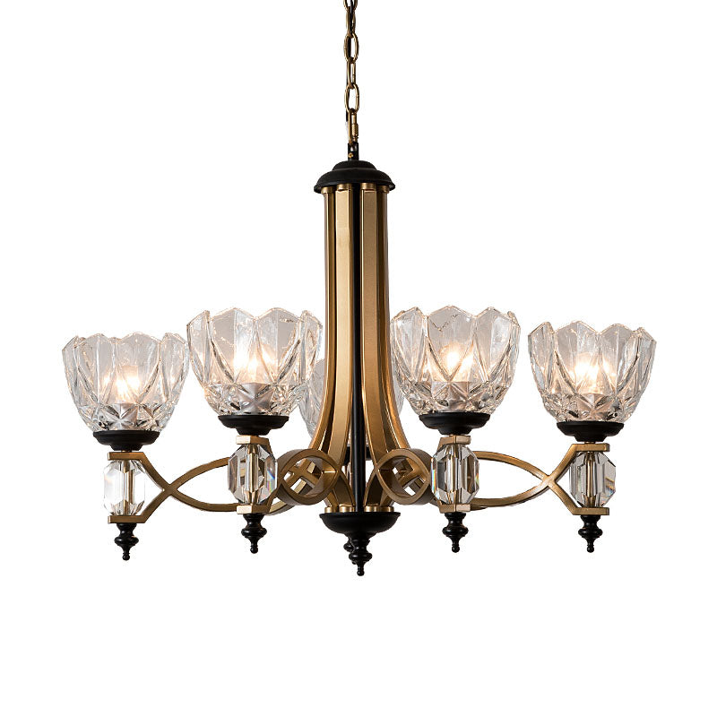 Brass Dome Chandelier With Clear Glass Shades - Modern 5 Heads Pendant Light Fixture