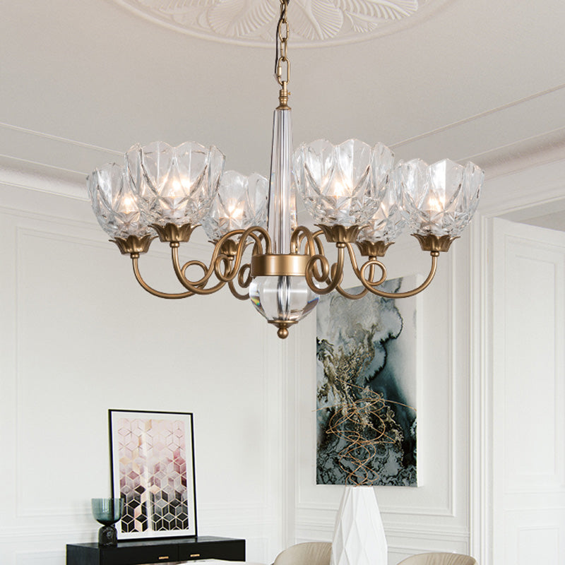 Contemporary Brass Bowl Pendant Chandelier - 6 Heads Ceiling Hanging Light with Clear Glass and Curved Metal Arm