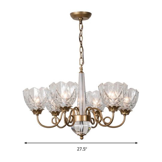 Contemporary Brass Bowl Pendant Chandelier - 6 Heads Ceiling Hanging Light with Clear Glass and Curved Metal Arm