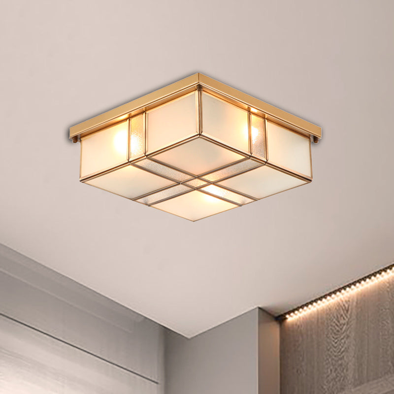 Vintage Brass Square Bedroom Ceiling Light With Frosted Glass - 3/4 Lights Flush Mount Fixture 3 /