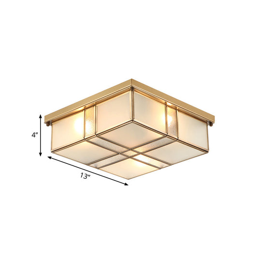Vintage Brass Square Bedroom Ceiling Light With Frosted Glass - 3/4 Lights Flush Mount Fixture