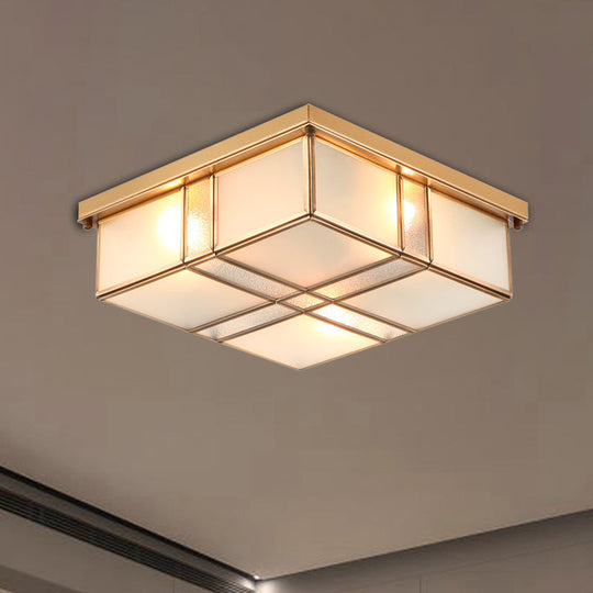 Vintage Brass Square Bedroom Ceiling Light With Frosted Glass - 3/4 Lights Flush Mount Fixture 4 /