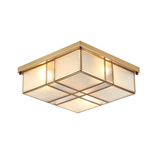 Vintage Brass Square Flush Mount Light with Frosted Glass Shades - Perfect for Bedrooms and Hallways