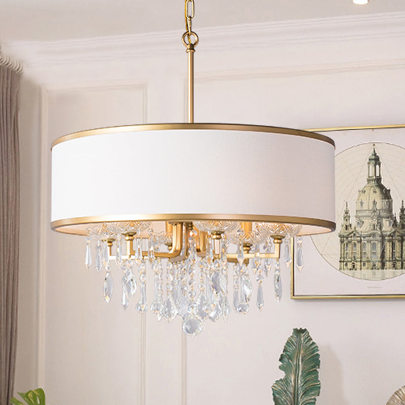 Modern Drum Ceiling Chandelier: Fabric Shade 6 Bulb Brass Pendant Light With Crystal Droplet