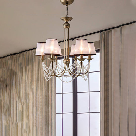 Contemporary Conical Pendant Chandelier With Crystal Bead - Brass Hanging Light Fixture 3/6 Fabric
