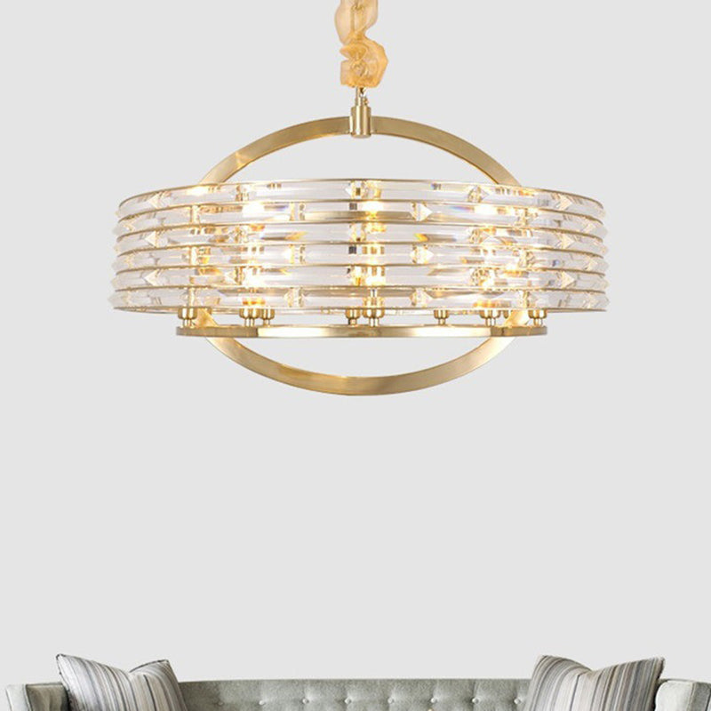 Contemporary Crystal Chandelier: 6-Head Round Ceiling Hanging Light In Brass