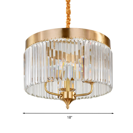 Modern Brass Drum Pendant Chandelier With Faceted Crystal - 3-Bulb Ceiling Hanging Light