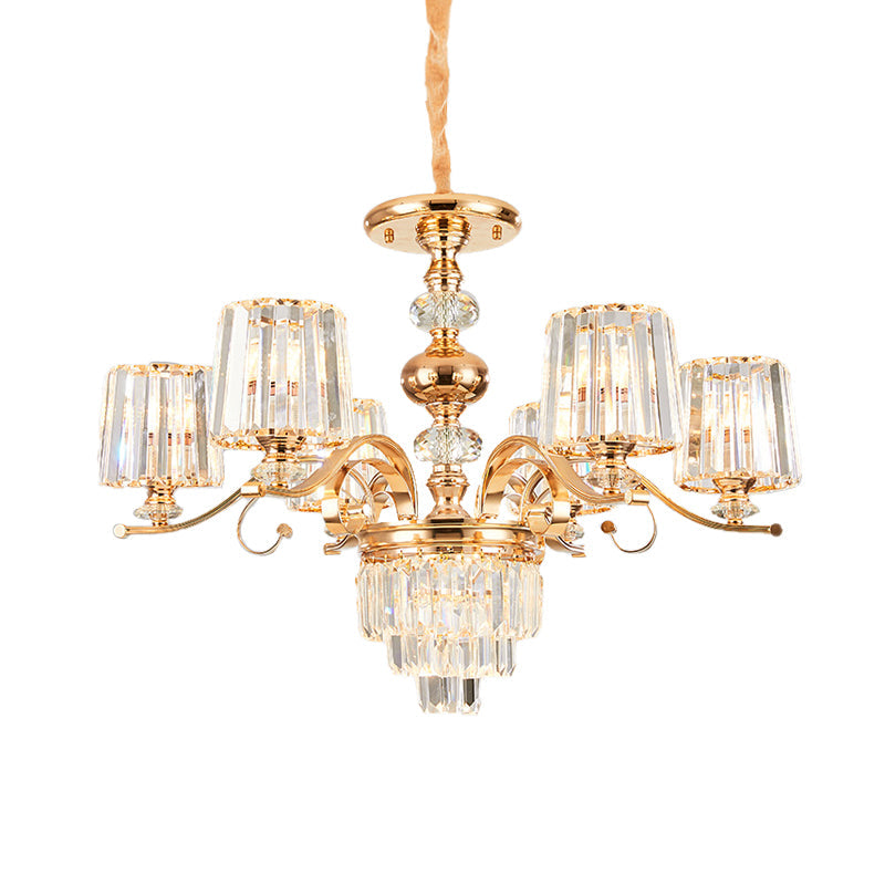 Gold Crystal Shade Chandelier Pendant Light - Contemporary 6/8 Bulbs Tapered Ceiling Hanging Design