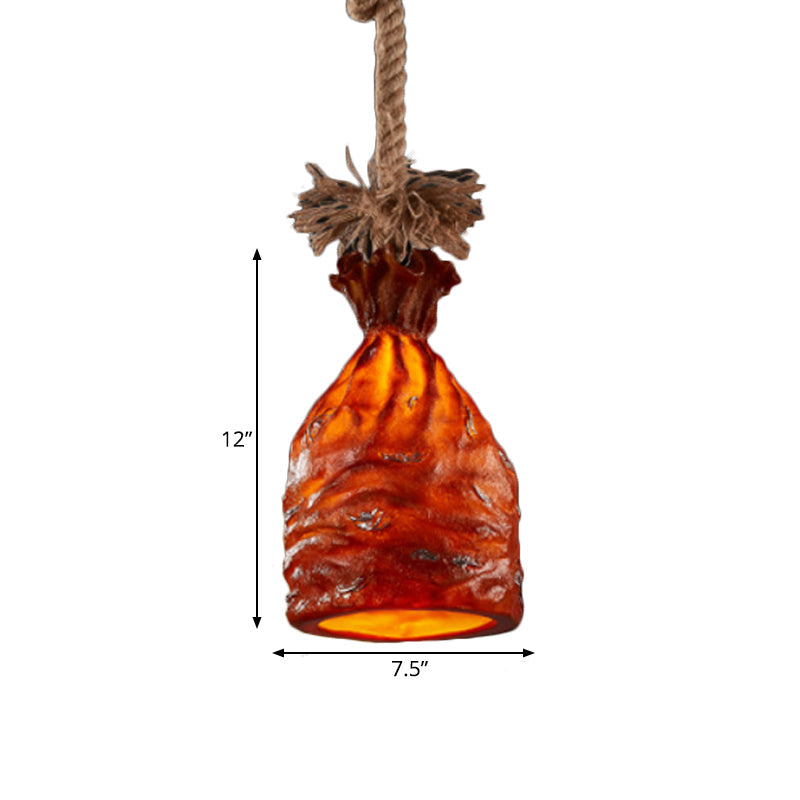 Traditional Dark Brown/Beige Resin Pendant Light Ceiling Lamp - 1 Bulb Suspended Money Sack Design