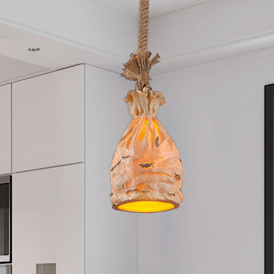 Traditional Dark Brown/Beige Resin Pendant Light Ceiling Lamp - 1 Bulb Suspended Money Sack Design