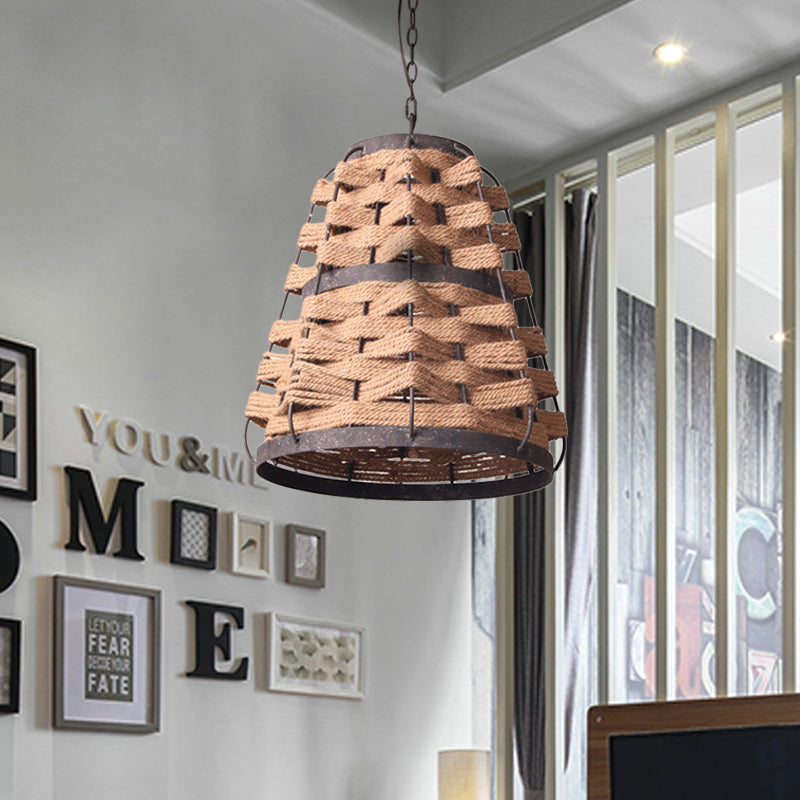 Rustic Hemp Rope Pendant Ceiling Lamp With Metal Frame