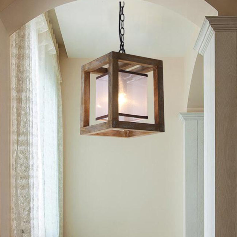Square Living Room Hanging Light Kit - Traditional Wood Brown Pendant Lighting With Fabric Shade