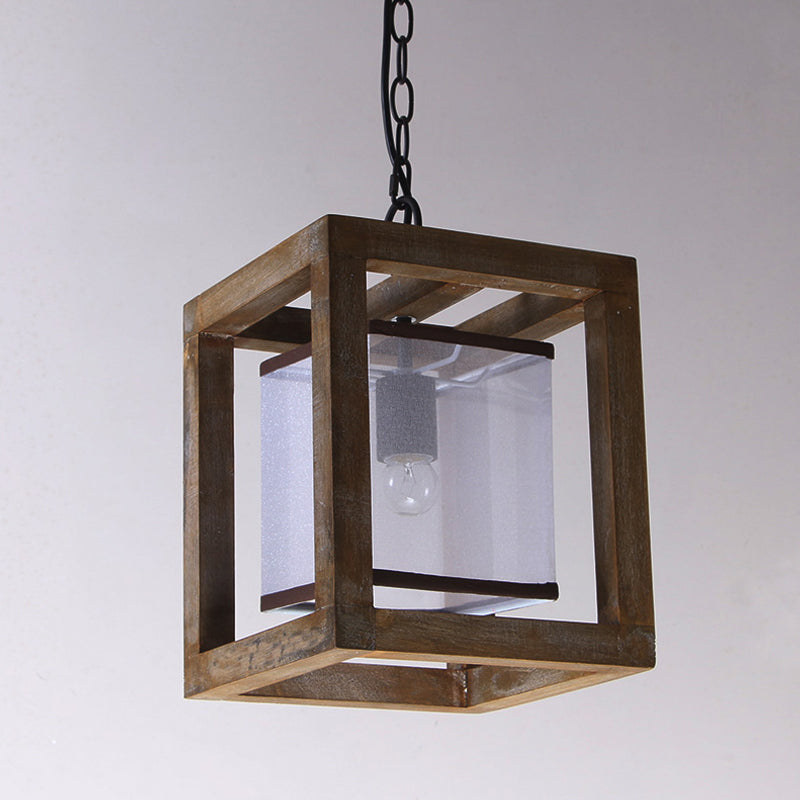 Square Living Room Hanging Light Kit - Traditional Wood Brown Pendant Lighting With Fabric Shade