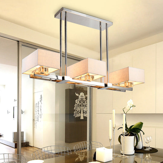 Chrome Pendant Light With Fabric Shade - Rectangular Design Classic Island Lamp For Dining Room