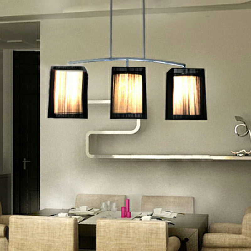 Traditional Black Pendant Light With Rectangular Fabric Shade - 3-Light Dining Room Island Lighting
