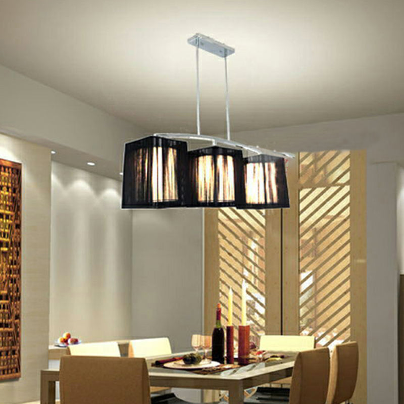Traditional Black Pendant Light With Rectangular Fabric Shade - 3-Light Dining Room Island Lighting