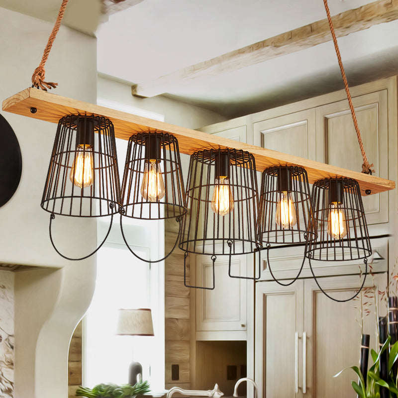 Traditional Barrel Metal Island Pendant Light With 5 Lights And Wood Accents For Dining Room