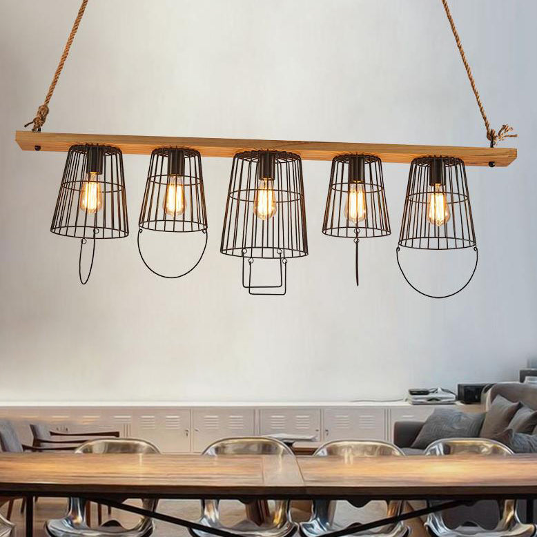 Traditional Barrel Metal Island Pendant Light With 5 Lights And Wood Accents For Dining Room