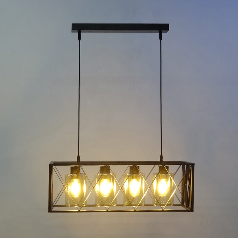 Traditional Black Metal Pendant Island Light With Cross Framed Box Design - Ideal For Dining Room