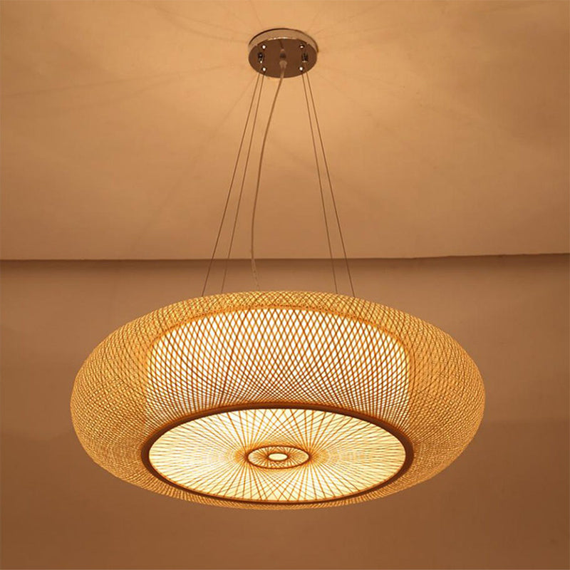 Curved Drum Pendant Lighting: Bamboo Wood Ceiling Hanging Light With Tradition-Inspired Design 2/3