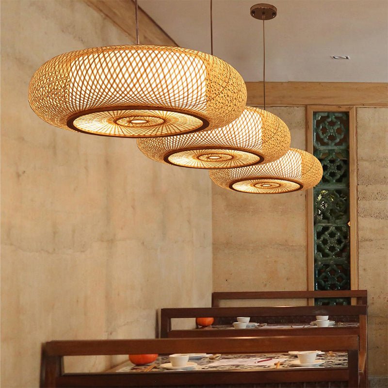 Curved Drum Pendant Lighting: Bamboo Wood Ceiling Hanging Light With Tradition-Inspired Design 2/3